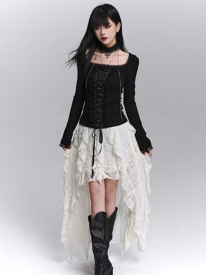 Back with Gothic for Skirt Halloween Asymmetrical Lace Floor-Length Apricot Dramatic
