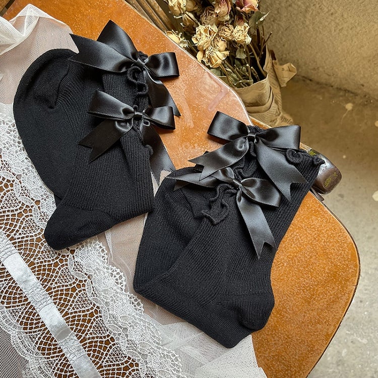 Cotton Trim Colors Socks Cut-out Ruffled with Design 4 Bow Decoration Swallowtail