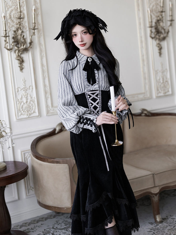 Bow Dress Fake + Black Brooch Design Lolita Striped Waist Two Boned Hat Pieces Mermaid