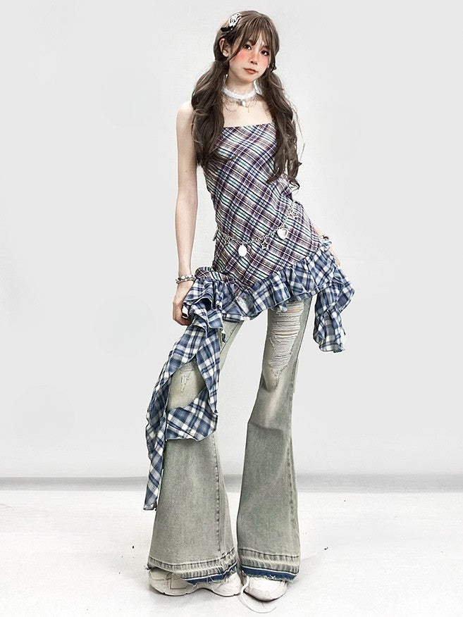 Pattern Asymmetrical Plaid Glamorous Cami Hem Y2K Top BluePurple