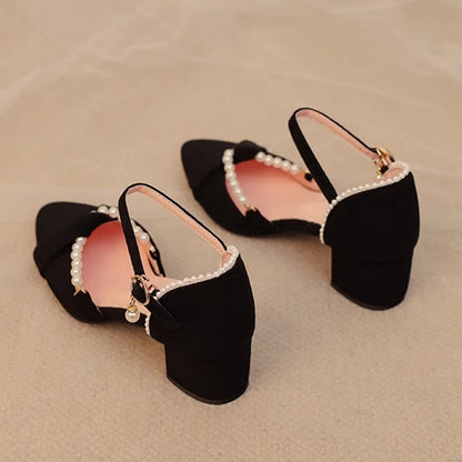 Decor Chain Shoes Intricate Qi Pointed with Toe Black - Heel Mid Beaded Sandals Lolita Detachable Back Suede