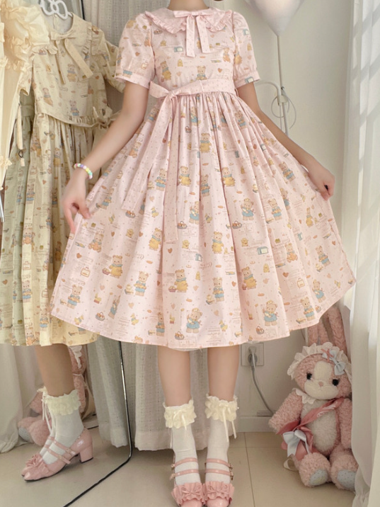 Version Bear Sweet Dress Print Short Sleeves Pink Lolita