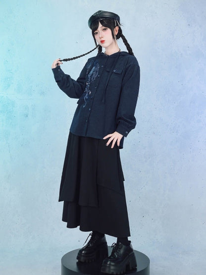 Navy Long Sleeve Hooded Shirt with Sea Angel Graphic Print - Quirky Hut