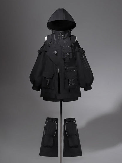 Black Shorts Techwear Jacket Leg + Open Outfit Windbreaker Shoulders Futuristic Warmers -