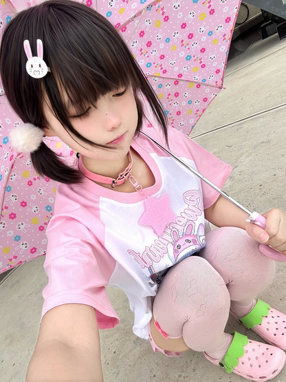 Anime Girl Print T-Shirt Star with Choker Pink and White Colorblock Design Free