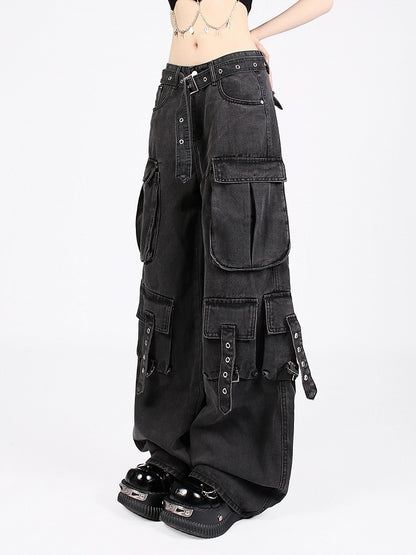 Blue/Black Multi-Pocket Utility Cargo Jeans with Hanging Strap Design