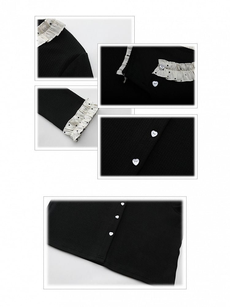 Plus Dot Buttons Cardigan with Polka Size Heart Trim Black Ruffle