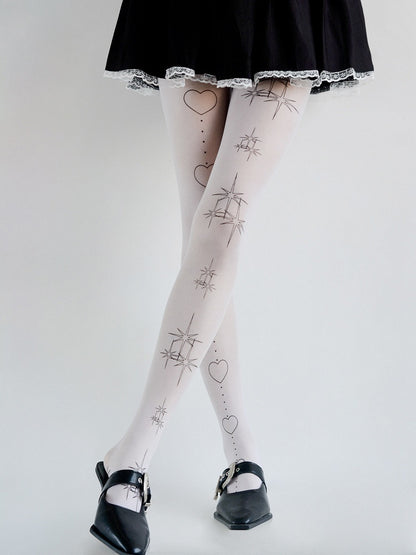 White Heart & Star Print Tights
