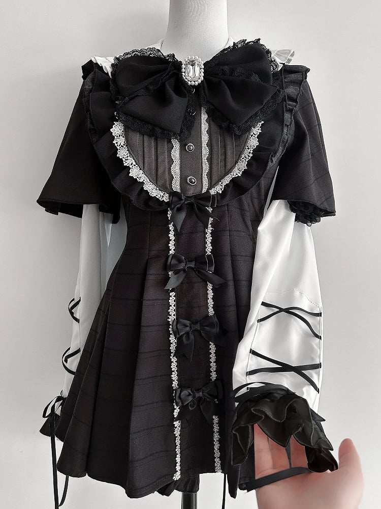 Tie Dress Detachable Jirai Full Sleeves Set + Bow Kei Short-Sleeve Black Plaid Matching Shorts