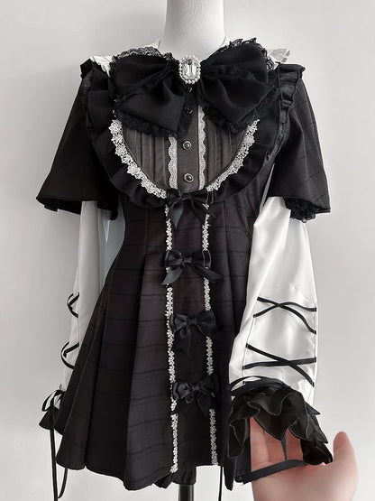 Tie Dress Detachable Jirai Full Sleeves Set + Bow Kei Short-Sleeve Black Plaid Matching Shorts