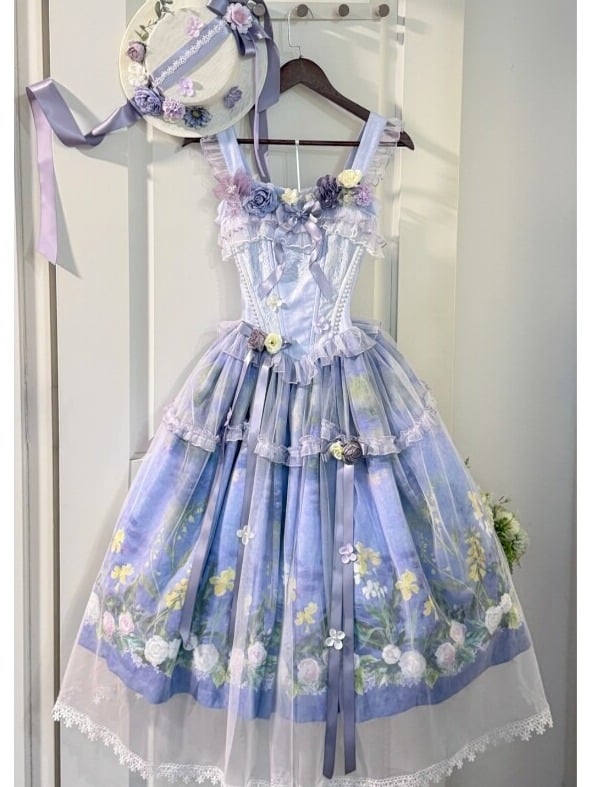 Purple Oil Painting Print Lolita Jumper Skirt Dress with Bustier-Style Boned Bodice - Haw Berry
