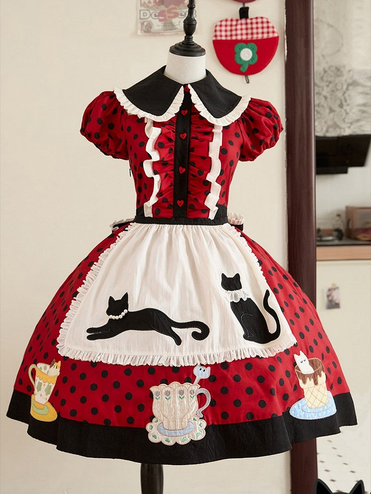 Polka Dot Red & Black Lolita Gown with Apron and Cat Motif - Rock Candy Box