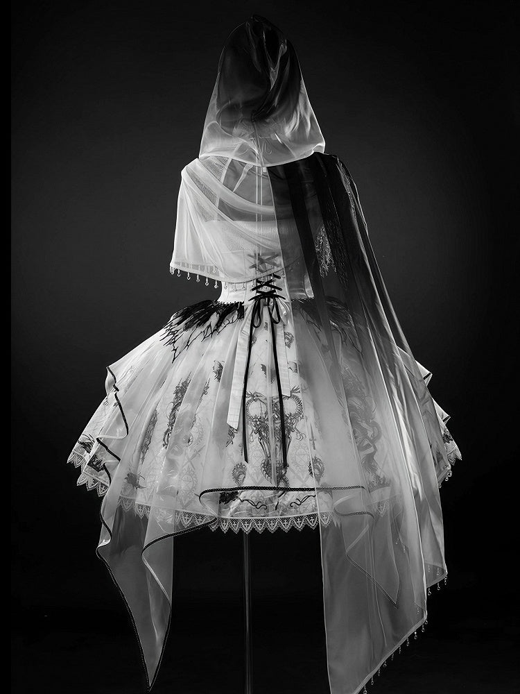 Black & White Bone Dragon Embroidery Halter Neck Gothic Lolita Dress Set - Ying Luo Fu
