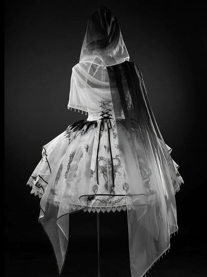Black & White Bone Dragon Embroidery Halter Neck Gothic Lolita Dress Set - Ying Luo Fu