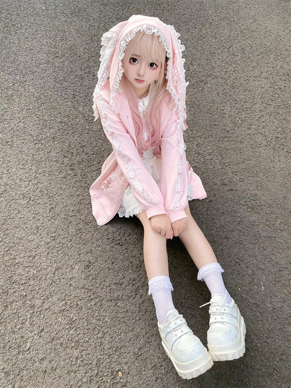 Style Hoodie Bow Zip-up Lace Jirai | Light with Pink Ears Kei Details and Bunny