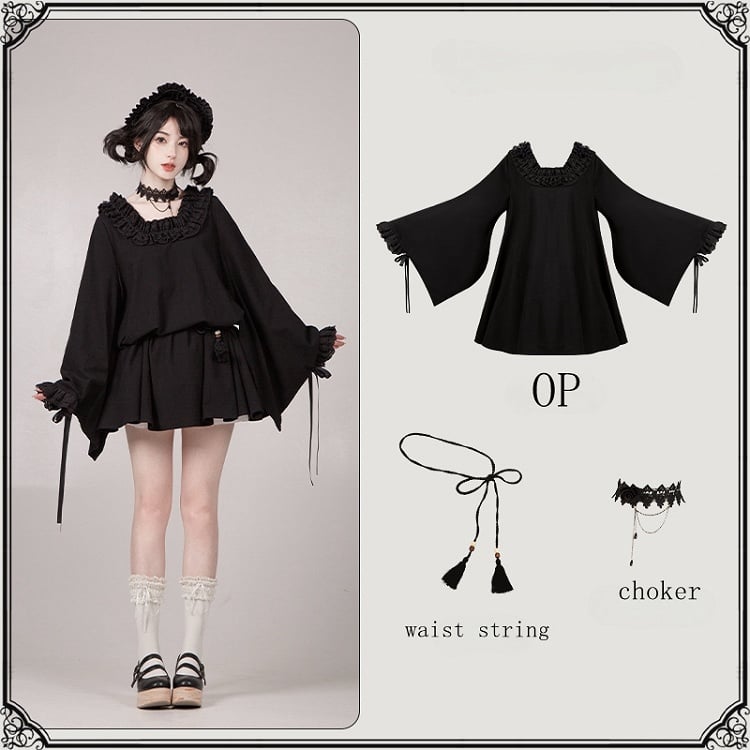 Dress Sleeves Short Neckline Version Black Ruffled Wa Long Square Lolita
