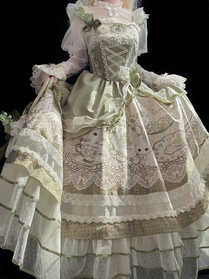 Dress Green with Trimmings Print and Layered Rabbit Country Teacup Lace Lolita