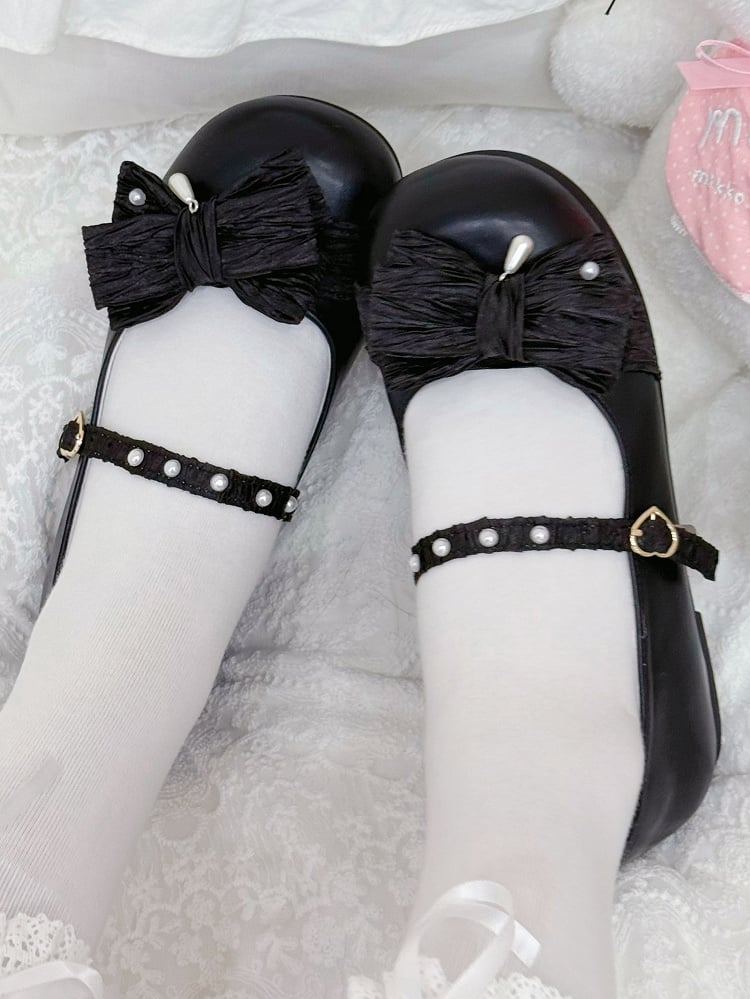 Black Shoes Heart Top Decorated Toe Bow at Round Matte Buckle Lolita Beaded