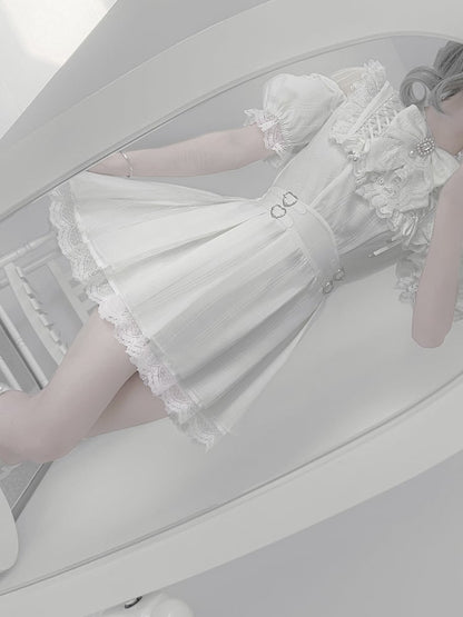 Waist Kei with Dress Neckline Buckles Heart Open Lace-up Jirai Shoulder White