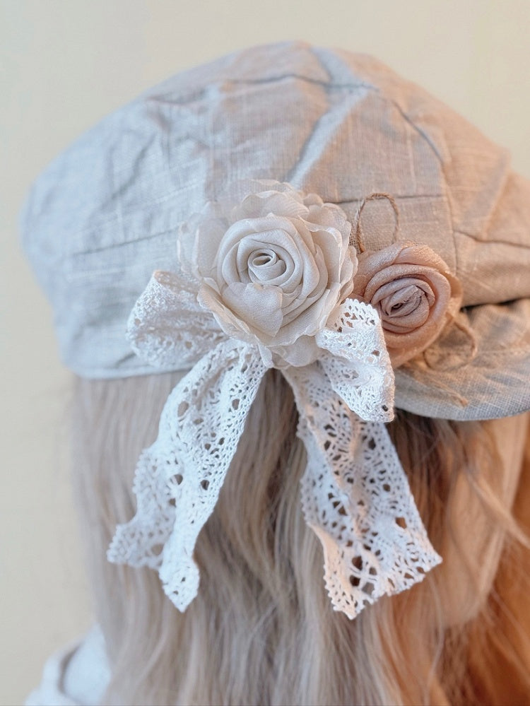 Fabric Bow and Newsboy Hat Decorated Wasteland Lace Flower