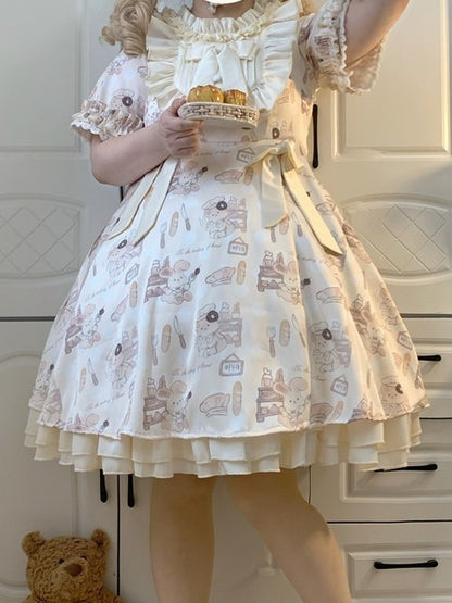 Light Yellow Bow Print Plus-Size OP Dress with Bear Motif - Versatile girl
