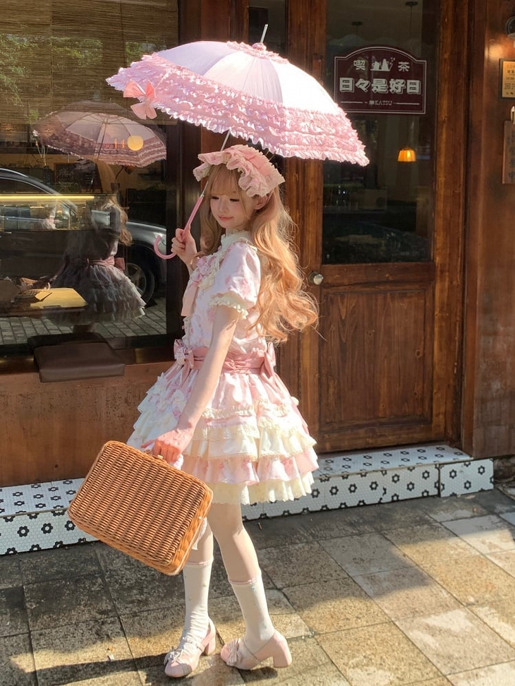 Pink Floral OP Dress with Bow and Lace Accents - Sweet Dream Box
