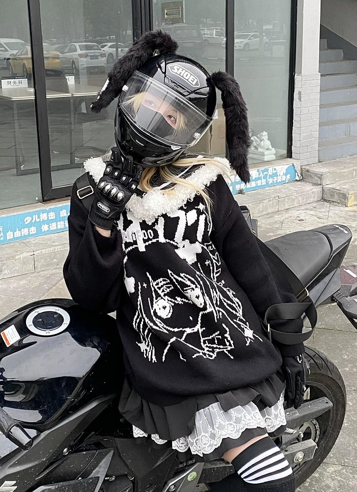 and Cartoon Detachable Black Jira Girl Design with Sailor Kei Sweater Collar