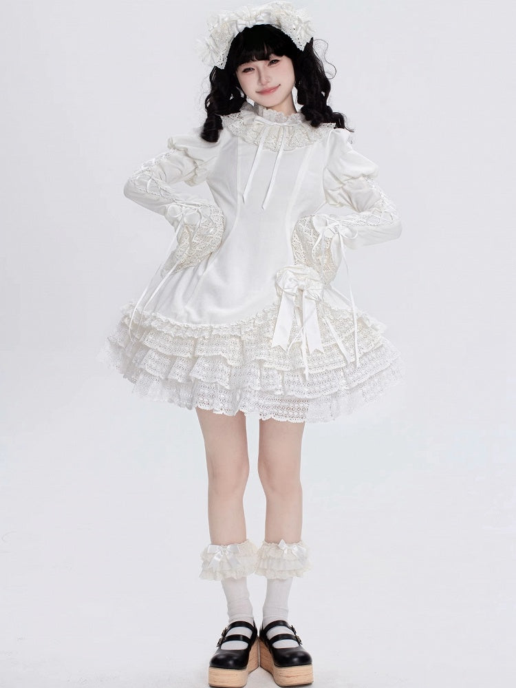 All White Ruff Collar Old School Long Sleeves Shiro Lolita Dress