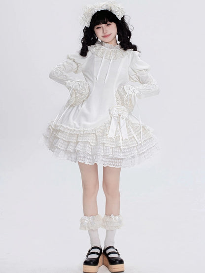 All White Ruff Collar Old School Long Sleeves Shiro Lolita Dress