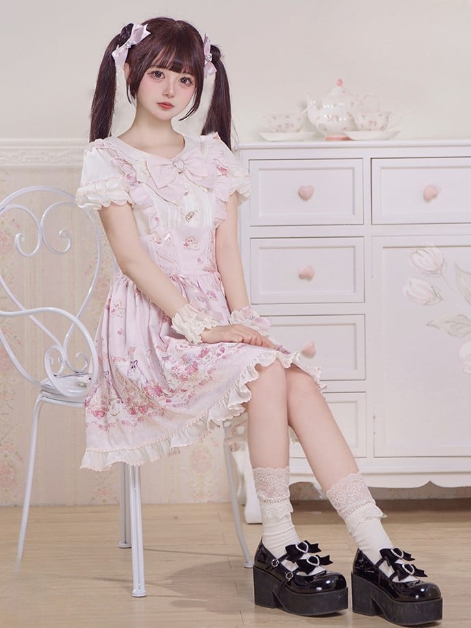 Lace-up Design Sweet Pleating Kei Details Print Pink Cat Jirai