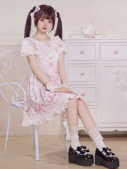Lace-up Design Sweet Pleating Kei Details Print Pink Cat Jirai