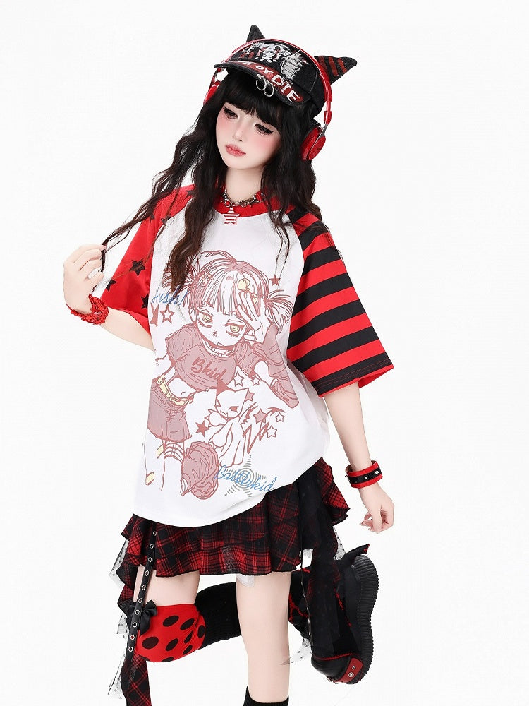 Otaku Kawaii Star-Stripe Tee with Anime Girl Graphic, Red White - CRAZY GIRL