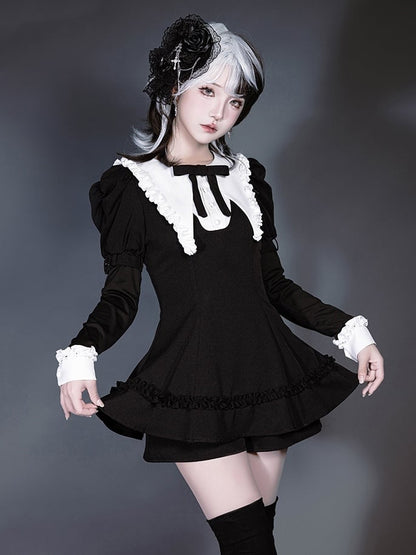 Black Jirai Juliette Flat Gothic Pointed Top with Sleeves Kei Set: Three-Piece White Collar