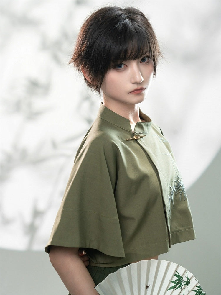 Green Bamboo Embroidered Short Sleeve Top - Feng Hua Gui Guo Ling