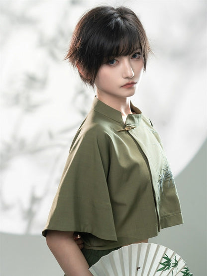 Green Bamboo Embroidered Short Sleeve Top - Feng Hua Gui Guo Ling
