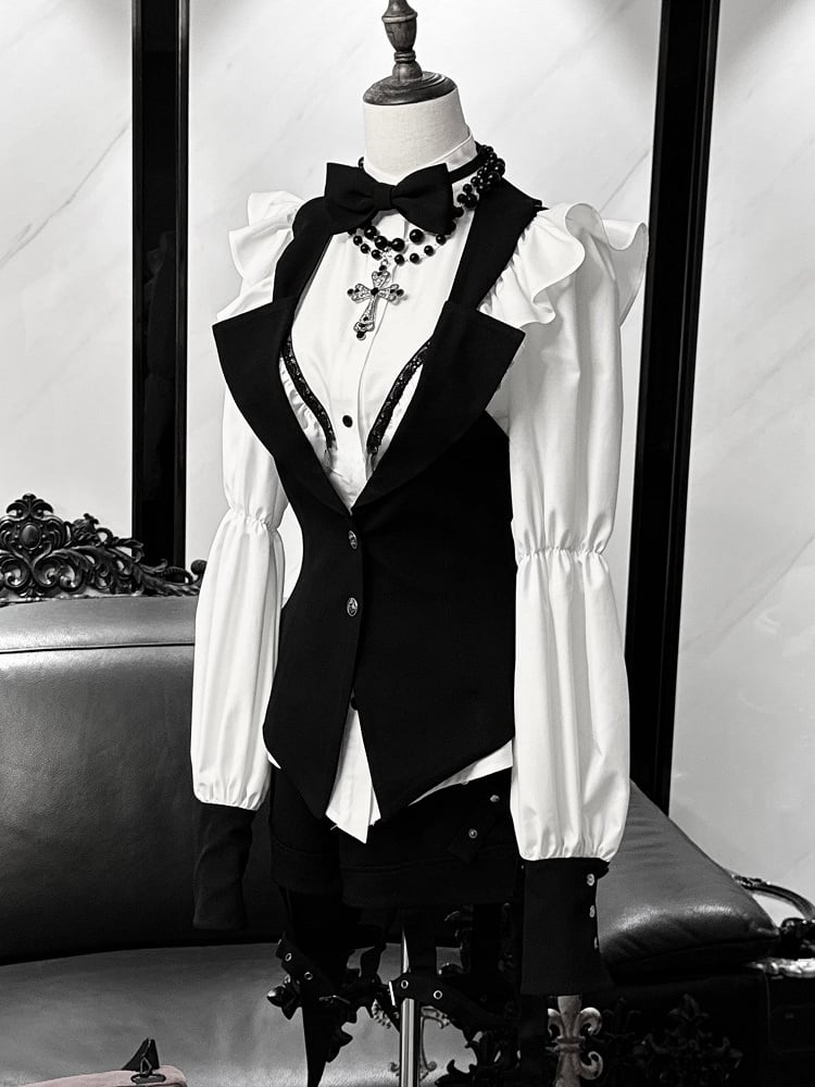 Gothic Tailcoat Fashion Black with Pompoms Waistcoat Lace-up at Back Ouji