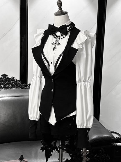 Gothic Tailcoat Fashion Black with Pompoms Waistcoat Lace-up at Back Ouji