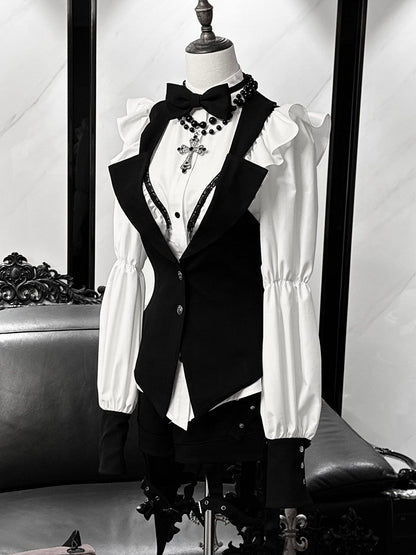 Gothic Tailcoat Waistcoat with Pompoms and Back Lacing - Shi Zhi Mao