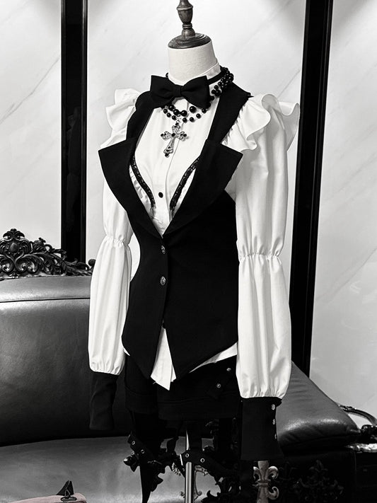 Gothic Tailcoat Waistcoat with Pompoms and Back Lacing - Shi Zhi Mao