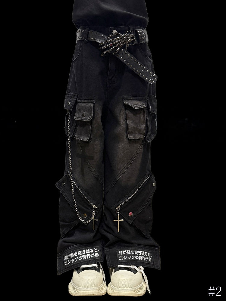 Details Black with Jeans Edge Urban Cargo Faded Zipper Straight-Leg