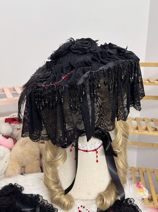 Veil Black Hat Flat Teardrop-Shape Lolita With Charms Bead Gothic
