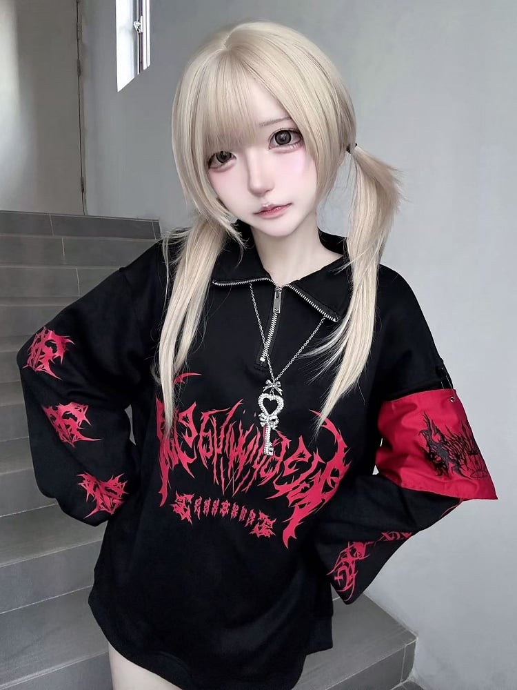 Purple Pullover / Zipper Neckline Sweatshirt Kei Black Red Jirai Gothic with in