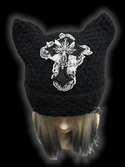Punk Black Cat Ears Cross Patch Knit Hat