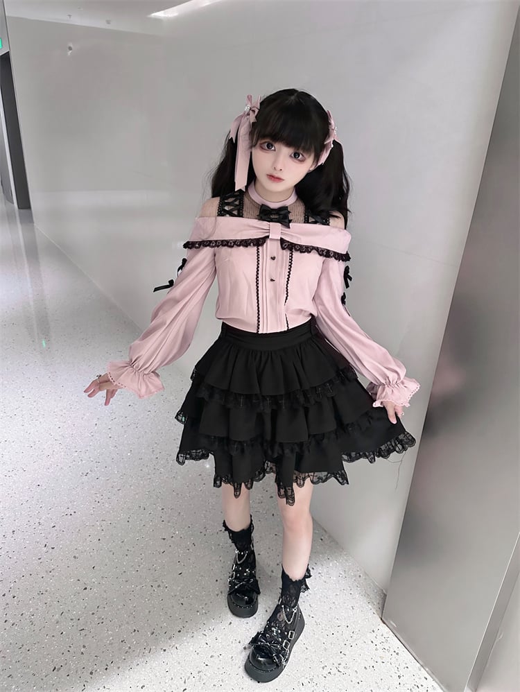 with Pink Bow Black Kei Open Blouse Shoulder Details Jirai Neckline Illusion