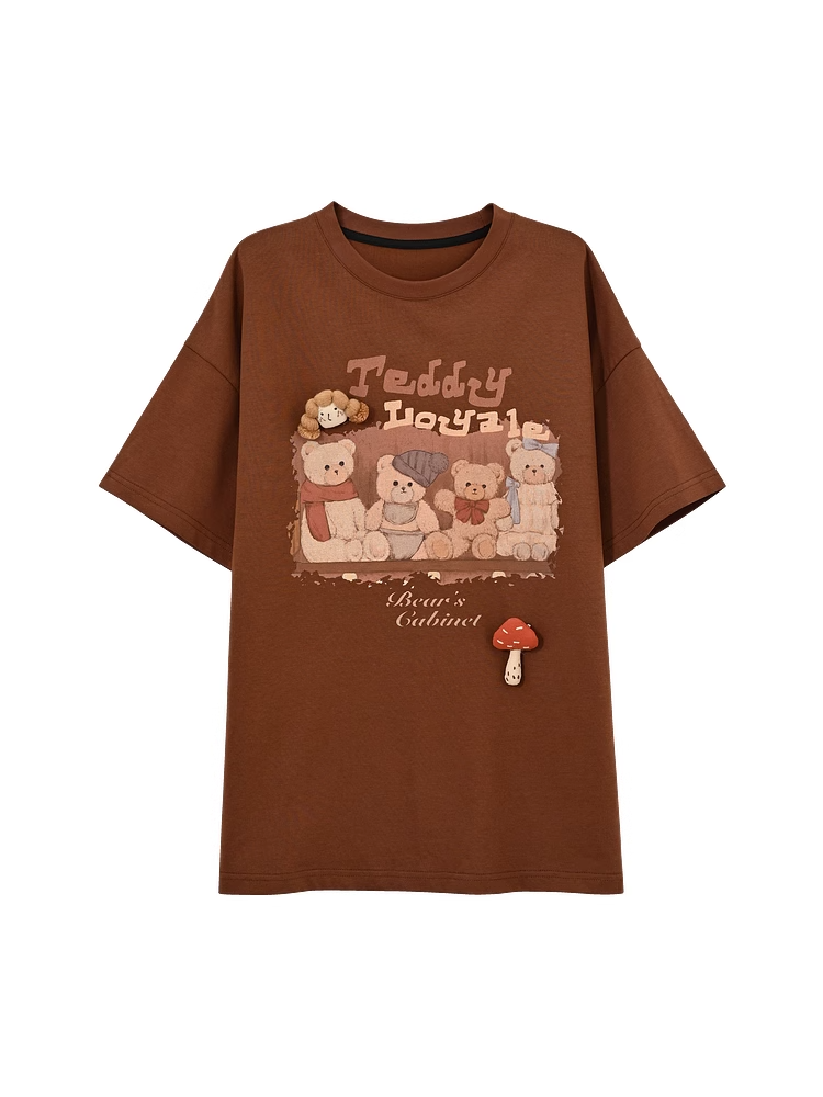 Teddy Bear Print Brown Adorable Loose T-shirt Neck Plushie with Mushroom Round