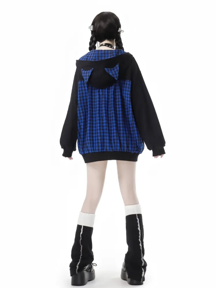 and Lace-up Detail Black Loose Dark Ears Hoodie Kitty Plaid Blue