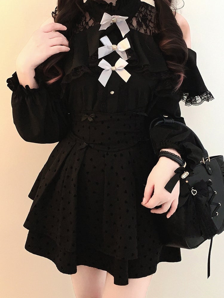 Bow Blouse Jirai with Neckline Shoulder Black/White Kei Illusion Cut-Out Decor