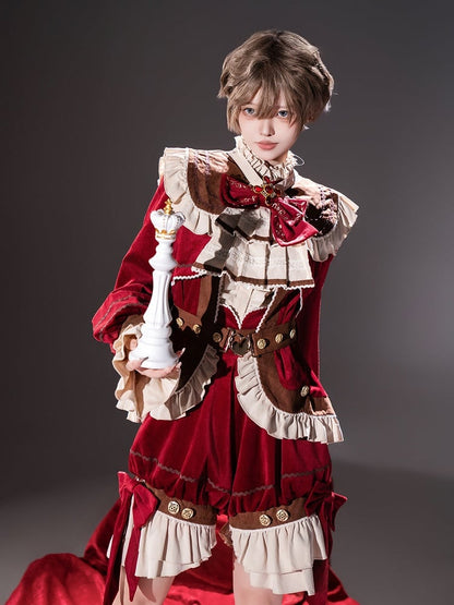 Pieces Set-Beige Ouji Aristocrat Lolita Waist Fashion Red Shirt+Coat+High Christmas Three Shorts