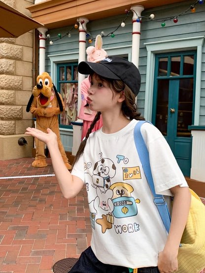 Cotton T-shirt Adorable Animal Print White Round Neck Loose