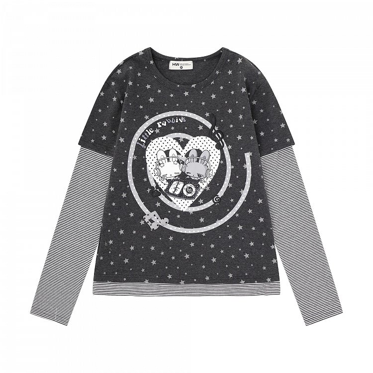 Otaku Style Gray Two-Piece Look Round Neck Long Sleeve Shirt with Bunny & Star Motif - Languid Park